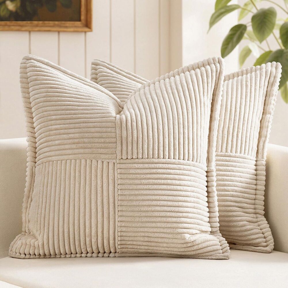 Set of 2, 18x18 Inch Striped Patchwork Corduroy Decorative Throw Pillow Covers